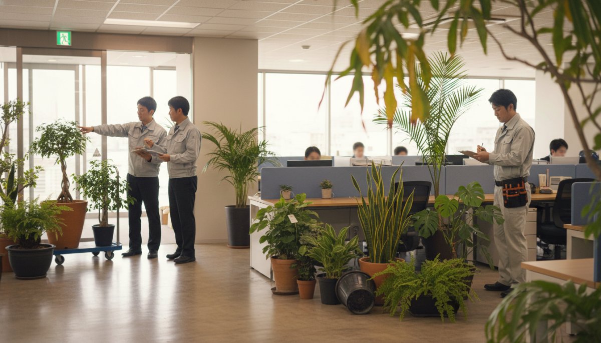 観葉植物レンタルの追加料金が発生する場面を示すオフィス風景