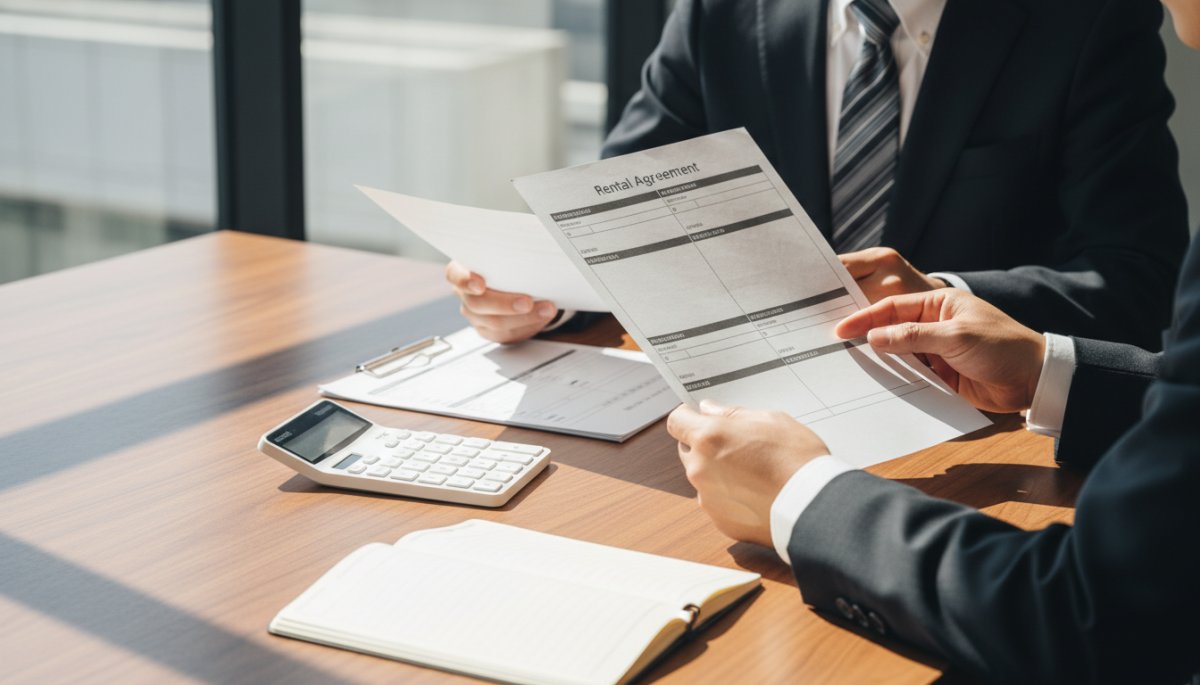 観葉植物レンタル契約書類と料金表を確認する様子