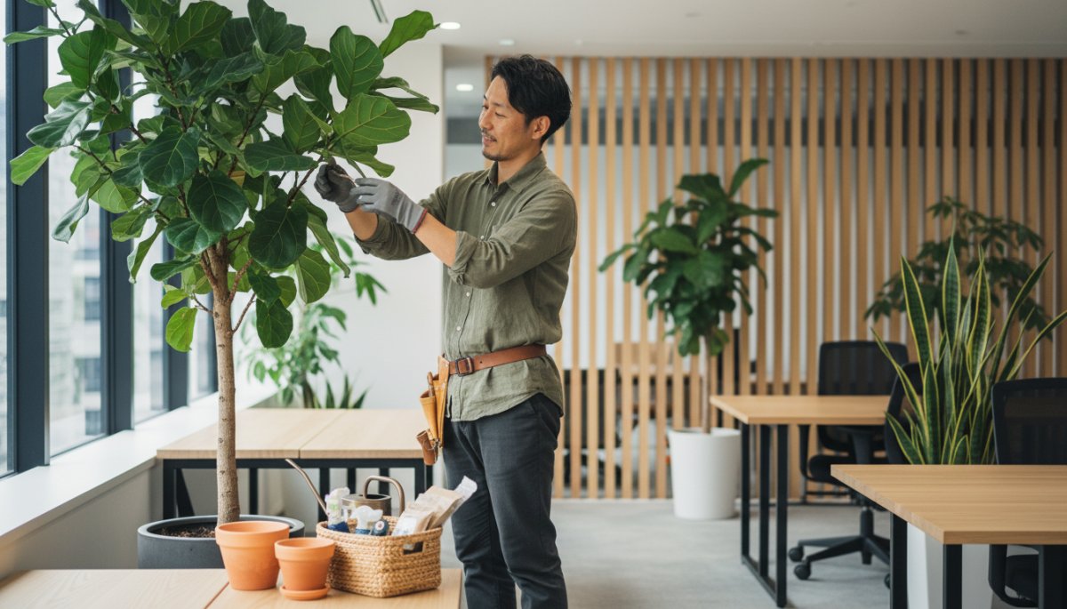 オフィスに配置された観葉植物のメンテナンスをするスタッフ
