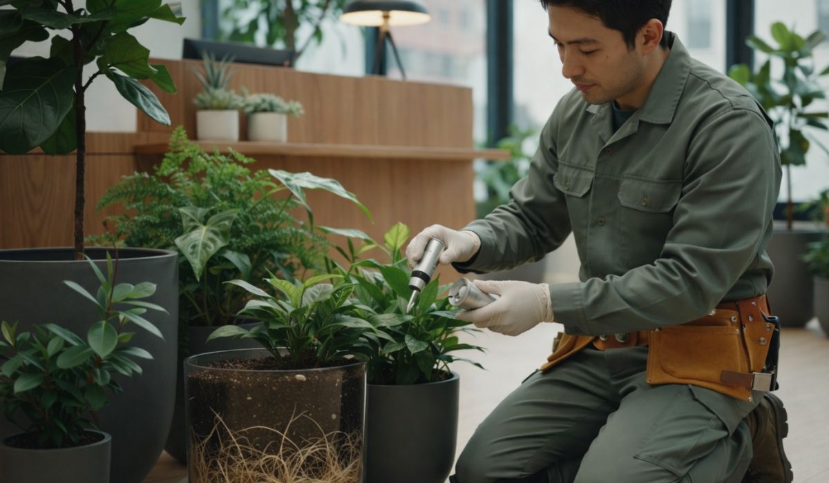 オフィス観葉植物をメンテナンスするスタッフの様子