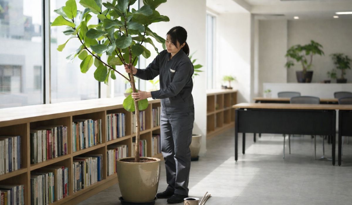 オフィス観葉植物のメンテナンスを行うスタッフの様子