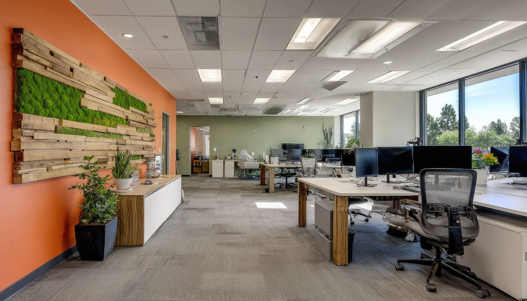 植物が設置された明るいオフィス