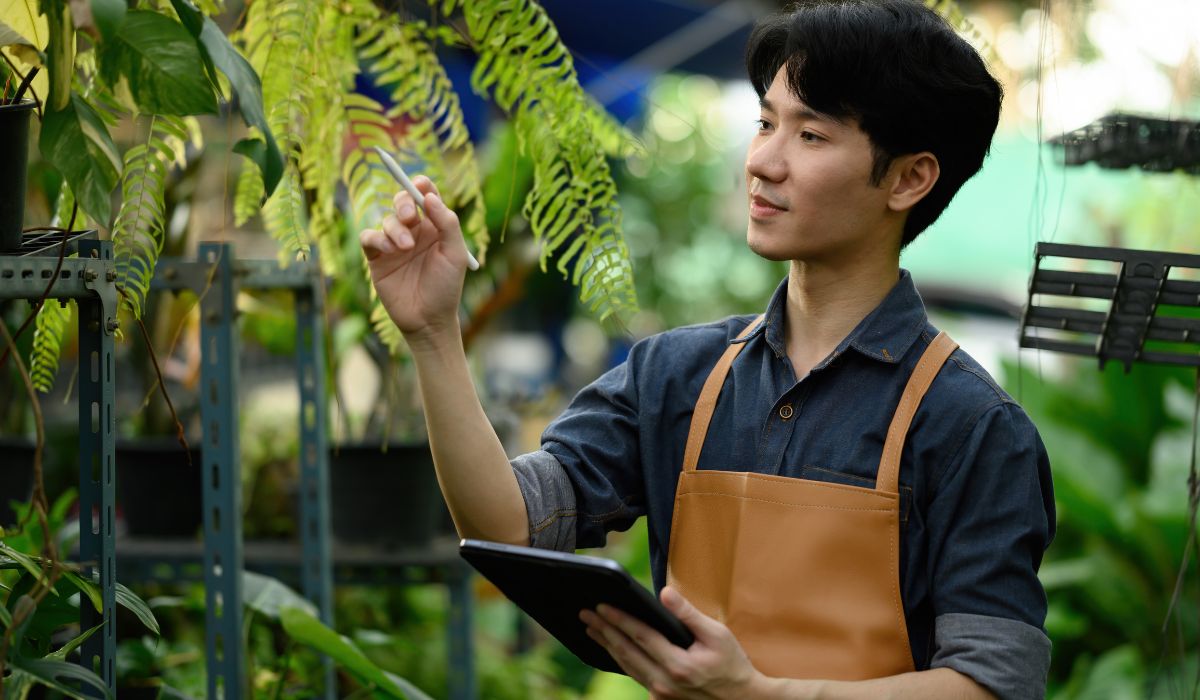 植物の状態をチェックするスタッフ