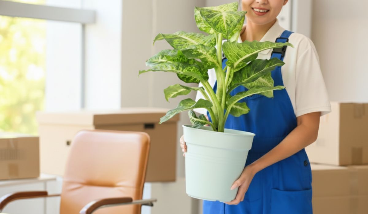 観葉植物を運ぶ専門スタッフ