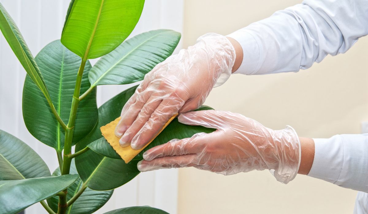 観葉植物の葉の拭き取り